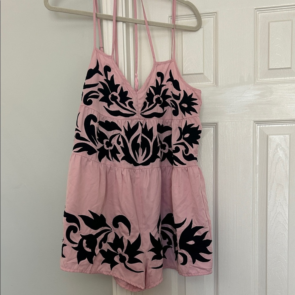 Free People Pink and Black Floral Chemise